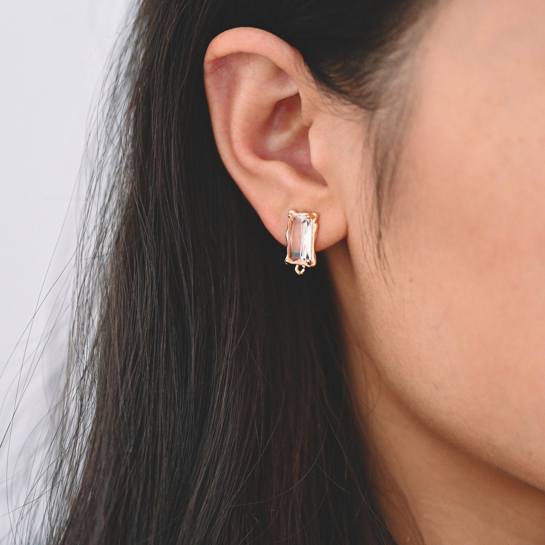 4pcs Glass Pave Rectangle Earring Studs, 18K Gold plated Brass Ear Posts, Geometric Earring Findings (#GB-3216)